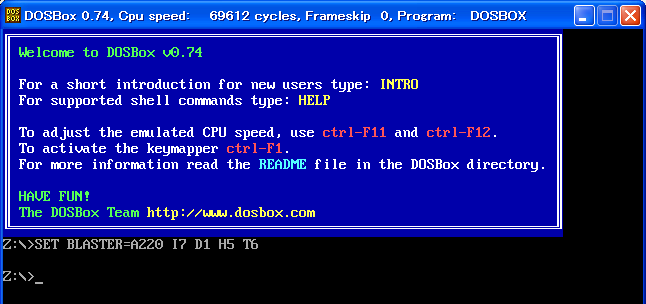DOSBox Ver 0.74起動直後